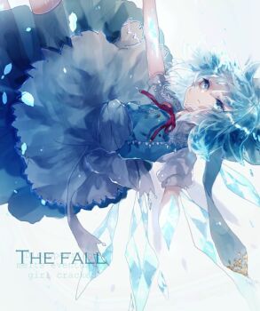 1girl blue_eyes blue_hair blue_skirt blue_vest cirno closed_mouth commentary_request english_text engrish_text expressionless falling feet_out_of_frame ice ice_wings neck_ribbon puffy_short_sleeves puffy_sleeves ranguage red_ribbon ribbon shinjitsu_no_kuchi shirt short_hair short_sleeves simple_background skirt solo touhou vest white_background white_shirt wings