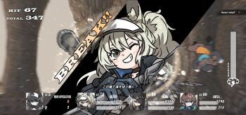 4girls amiya_(arknights) amonitto animal_ears arknights black_eyes brown_hair chainsaw grani_(arknights) grin hat highres holding holding_weapon horse_ears horse_girl multiple_girls one_eye_closed peaked_cap rabbit_ears rabbit_girl rhodes_island_medic_(arknights) skadi_(arknights) smile tail teeth translation_request user_interface visor_cap weapon