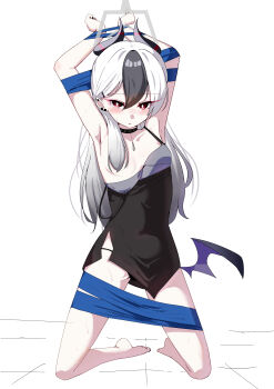 Rule 34 | 1girl, absurdres, armpits, arms up, barefoot, black choker, black dress, black hair, black horns, black panties, black streaks, blue archive, blue ribbon, bound, bound arms, bright pupils, choker, closed mouth, commentary request, dress, ear piercing, full body, gradient hair, grey halo, hair between eyes, hair censor, halo, highres, horns, kayoko (blue archive), kayoko (dress) (blue archive), kneeling, long hair, looking at viewer, multicolored hair, panties, piercing, red eyes, ribbon, simple background, single wing, so-ko, solo, spiked choker, spikes, two-tone hair, underwear, white background, white hair, white pupils, wings