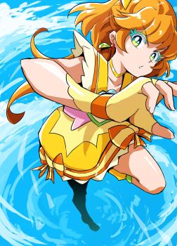 1girl blue_sky bow choker cloud colored_eyelashes commentary cure_papaya dress dress_bow earrings fingerless_gloves gloves green_eyes heart heart_in_eye highres ichinose_minori jewelry jumping leg_up leg_warmers long_hair looking_at_viewer magical_girl orange_bow orange_hair outdoors parted_lips precure sky solo symbol_in_eye tropical-rouge!_precure uraki yellow_choker yellow_dress yellow_gloves yellow_leg_warmers