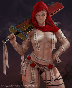 1girl abs adepta_sororitas chain chainsword hand_on_own_hip holding holding_weapon hood looking_at_viewer muscular muscular_female over_shoulder purity_seal sarashi scar scar_on_face short_hair sister_repentia smile solo thick_thighs thighs warhammer_40k weapon weapon_over_shoulder ynorka_chiu
