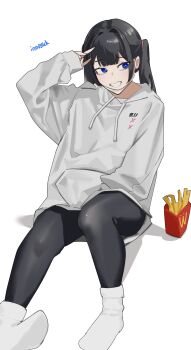 1girl blue_eyes feet food highres hood hooded_jacket hoodie innosick jacket legs original pantyhose sitting smile socks socks_over_pantyhose twintails white_jacket