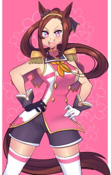 1girl absurdres animal_ears asymmetrical_gloves black_gloves black_shorts blush breasts brown_hair epaulettes flower_in_eye gloves gold_hairband hairband hands_on_own_hips highres horse_ears horse_girl horse_tail long_hair looking_at_viewer medium_breasts mismatched_gloves missandydandy neckerchief open_mouth ponytail purple_eyes sakura_bakushin_o_(blossom_in_learning)_(umamusume) sakura_bakushin_o_(umamusume) shorts sleeveless sleeveless_jacket smile solo symbol_in_eye tail teeth thighhighs umamusume upper_teeth_only white_gloves white_thighhighs yellow_neckerchief