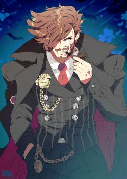 1boy absurdres artist_logo artist_name beard black_coat black_jacket black_pants brown_hair buttons chain coat coat_on_shoulders collared_shirt commentary double-breasted facial_hair formal_clothes gold_chain guilty_gear guilty_gear_strive hair_over_one_eye hand_in_pocket highres holding holding_smoking_pipe jacket lapels logo looking_at_viewer male_focus monocle mustache mystical_high_collar necktie one_eye_covered pants pinstripe_jacket pinstripe_pattern pocket_watch r3dfive red_coat red_eyes red_necktie sharp_teeth shirt short_hair slayer_(guilty_gear) smoking_pipe smoking_pipe_in_mouth straight-on suit suit_pants swept_bangs teeth two-sided_coat two-sided_fabric upper_body v-shaped_eyebrows watch white_shirt