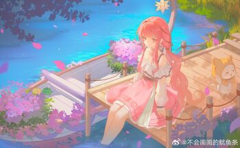 Rule 34 | 1girl, ahoge, animal, apple, arm cutout, bare legs, bare shoulders, belt, black belt, black bow, black ribbon, blunt bangs, boat, bow, bow choker, bowtie, bra strap, brown eyes, cat, chinese commentary, choker, cloak, closed mouth, clothed animal, clothing cutout, collarbone, commentary request, day, ear covers, eyelashes, falling petals, food, food-themed creature, frilled shirt, frilled skirt, frilled sleeves, frills, fruit, full body, grass, hair bow, hair ribbon, hexagram, high-waist skirt, hood, hood up, hooded cloak, infinity nikki, junimo, layered skirt, long hair, long sidelocks, long sleeves, looking ahead, low twintails, medium skirt, momo (nikki), navel, nikki (nikki), nikki (series), off-shoulder shirt, off shoulder, outdoors, pawpads, perfect start (infinity nikki), petals, pink bow, pink choker, pink hair, pink ribbon, pink skirt, pleated skirt, puffy long sleeves, puffy sleeves, ribbon, river, shirt, sidelocks, single stripe, sitting, skirt, sleeves past wrists, smile, soaking feet, stardew valley, striped bow, striped choker, tress ribbon, twintails, very long hair, watercraft, watermark, waving, wavy hair, weibo watermark, whiskers, white cat, white shirt, white skirt, yellow cloak, youyutiao