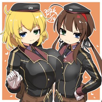 2026 2girls :3 ahoge anger_vein angry asymmetrical_docking belt belt_pouch black_necktie blonde_hair blue_eyes breast_envy breast_press breasts brown_belt brown_hair collared_shirt commentary_request flat_chest gloves green_eyes hairband happy_birthday hebijo_academy_school_uniform heterochromia highres large_breasts lets0020 long_hair low_twintails medium_hair multiple_girls necktie pouch red_hairband ryoubi_(senran_kagura) ryouna_(senran_kagura) school_uniform senran_kagura senran_kagura_new_link shirt twintails white_gloves