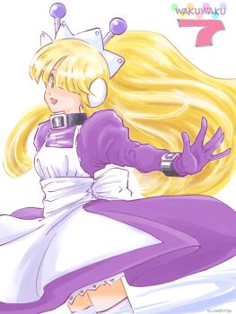 1girl \||/ android apron artist_name back_bow belt_collar black_collar blonde_hair bow collar commentary_request copyright_name cowboy_shot dated dress green_eyes hair_over_one_eye highres juliet_sleeves klixxxx long_hair long_sleeves maid maid_headdress open_mouth outstretched_arm puffy_sleeves purple_dress robot_ears smile solo standing tesse thighhighs very_long_hair waku_waku_7 white_apron white_background white_bow white_thighhighs wrist_belt