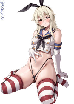1girl black_hairband black_neckerchief black_panties blonde_hair blue_sailor_collar breasts buttons commentary_request cropped_shirt double-breasted ebifurya elbow_gloves gloves grey_eyes hair_between_eyes hairband hand_on_own_stomach highleg highleg_panties highres kantai_collection long_hair looking_at_viewer navel neckerchief one-hour_drawing_challenge panties parted_lips partially_visible_vulva pussy pussy_peek sailor_collar shimakaze_(kancolle) shirt sitting small_breasts solo spread_navel striped_clothes striped_thighhighs thighhighs thighs thong twitter_username underwear wariza white_background white_gloves white_shirt