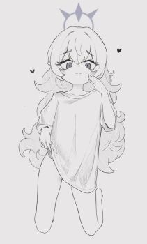 1girl absurdres blue_archive closed_mouth clothes_lift grey_background grey_eyes halo hand_up heart highres iroha_(blue_archive) kneeling lifting_own_clothes loli looking_at_viewer purple_halo shirt shirt_lift smile solo spot_color t-shirt wavy_hair yungun_(dbsrjsdn0330)