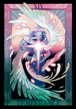 1girl angel border card_(medium) closed_eyes english_text eyelashes feathered_wings feefal highres long_hair original ornate_border solo tarot tarot_(medium) temperance_(tarot) wings