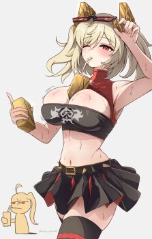 2girls absurdres ahoge arm_up armpits black_skirt black_thighhighs black_tube_top blonde_hair blush breasts bubble_tea_challenge burnice_white cleavage commentary_request crop_top drink drinking eyewear_on_head grey_background highres holding kaiju_ryoku large_breasts looking_at_viewer luciana_de_montefio multiple_girls navel one_eye_closed red_eyes simple_background skirt strapless sunglasses sweatdrop thighhighs tinted_eyewear tube_top twintails twitter_username zenless_zone_zero