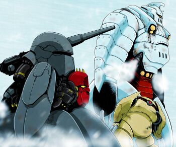 Rule 34 | absurdres, armor, ayachu (getter robo artist), barsov 8000d, black armor, cannon, claws, colored sclera, commentary request, from side, getter robo, getter robo go, gremel 20-md, highres, mecha, mecha focus, multicolored armor, no humans, red armor, red eyes, robot, volga 80000, white armor, yellow sclera