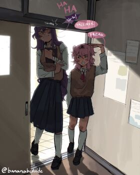 2girls adapted_costume black_shoes blue_skirt blush book brown_sweater_vest bumping_head collared_shirt commentary doki_doki_literature_club door doorway english_commentary english_text eyelashes full_body hand_up height_difference highres holding holding_book injury kneehighs laughing long_hair long_skirt long_sleeves multiple_girls natsuki_(doki_doki_literature_club) neck_ribbon one_eye_closed poster_(object) purple_hair rayne_(bananabedside) red_ribbon ribbon school_uniform shadow shirt shoes skirt smile socks sound_effects speech_bubble standing sweat sweater_vest tile_floor tiles twitter_username white_shirt white_socks yuri_(doki_doki_literature_club)