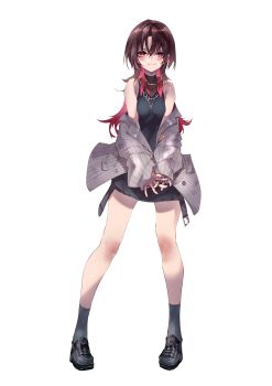 Rule 34 | 1girl, absurdres, alternate costume, alternate hairstyle, black dress, black shoes, black socks, brown hair, colored inner hair, commentary request, dress, full body, grey jacket, grin, highres, hiodoshi ao, hololive, hololive dev is, jacket, jewelry, long hair, multicolored hair, necklace, pink eyes, pinstripe jacket, pinstripe pattern, pparus, shoes, simple background, smile, socks, solo, standing, suit jacket, virtual youtuber, white background