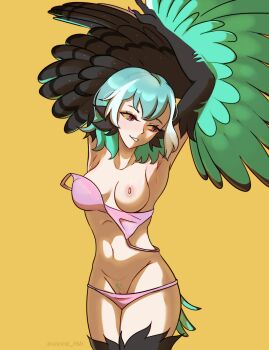 1girl absurdres animal_ears arms_up bird_ears bird_legs bird_tail black_feathers black_wings bra breasts colored_pubic_hair colored_sclera commentary feathered_wings feathers green_feathers green_hair green_pubic_hair green_wings harpy highres medium_breasts mint_(unreal_fish) monster_girl multicolored_hair multicolored_wings nipples original panties pink_bra pink_claws pink_eyes pink_panties pubic_feathers pubic_hair pussy pussy_peek solo tail two-tone_tail two-tone_wings underwear unreal_fish white_hair winged_arms wings yellow_sclera