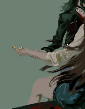 2girls absurdres bang_dream! bang_dream!_it's_mygo!!!!! between_legs black_choker black_hair black_jacket blue_skirt brown_hair choker cup green_background highres holding holding_another's_wrist holding_cup jacket lemtun long_hair multiple_girls shiina_taki shirt simple_background skirt spill white_shirt yahata_umiri yuri