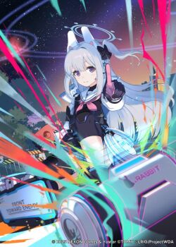 1girl animal_ears black_gloves black_shirt blue_archive closed_mouth copyright_notice fake_animal_ears gloves grey_eyes kurosawa_tetsu long_hair looking_at_viewer miyako_(blue_archive) night night_sky official_art one_side_up pointing pointing_at_viewer rabbit_ears shirt sky solo star_(sky) starry_sky very_long_hair white_hair wixoss