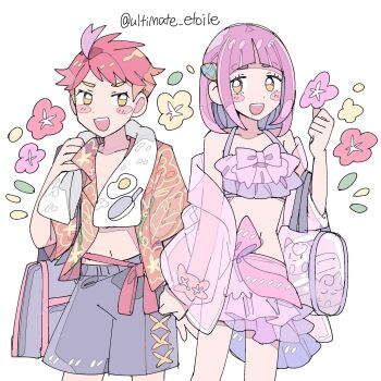 1boy 1girl :d ahoge alternate_costume arched_bangs bag bikini blush_stickers bow flower grey_shorts hair_ornament hairclip highres jacket lacey_(pokemon) looking_at_another multicolored_hair nintendo open_mouth orange_hair orange_jacket pink_bikini pink_bow pink_flower pink_hair pink_jacket pink_skirt pokemon pokemon_sv red_flower red_hair red_ribbon remoooon ribbon see-through_clothes see-through_jacket short_hair shorts shoulder_bag simple_background skirt smile standing swimsuit towel towel_around_neck two-tone_hair upper_body white_background yellow_eyes yellow_flower