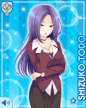 1girl :o blue_background breasts card character_name cleavage dress female_focus girlfriend_(kari) jacket leggings long_hair looking_at_viewer matching_hair/eyes official_art open_mouth purple_eyes purple_hair purple_jacket qp:flapper shine solo standing tagme teacher todo_shizuko