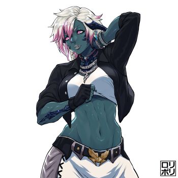 1girl abs arm_behind_head au_ra black_gloves black_jacket blue_skin colored_skin eyelashes final_fantasy final_fantasy_xiv fingerless_gloves gloves highres horns jacket jamrolypoly jewelry navel necklace parted_lips pink_eyes shirt short_hair signature simple_background solo toned toned_female transparent_background white_hair white_shirt