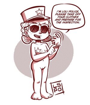 1girl barefoot curly_hair english_text female_focus freckles gloves hat latex latex_gloves loli monochrome nipples original pasties police police_badge police_hat police_uniform policewoman pussy sunglasses uniform