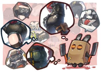 5boys 6+girls aalto1031 amillion_(zenless_zone_zero) ass bagboo_(zenless_zone_zero) billy_kid black_pants black_shorts black_tube_top blonde_hair blue_shorts breasts burnice_white cat_tail chain cleavage cleaver dual_wielding ellen_joe evelyn_chevalier fur-trimmed_shorts fur_trim highres holding holding_cleaver hugo_vlad jane_doe_(zenless_zone_zero) komano_manato lighter_(zenless_zone_zero) mouse_tail multiple_boys multiple_girls nicole_demara pants pectorals piper_wheel pulchra_fellini shorts speech_bubble strapless tail thought_bubble tube_top vivian_banshee von_lycaon white_tube_top zenless_zone_zero