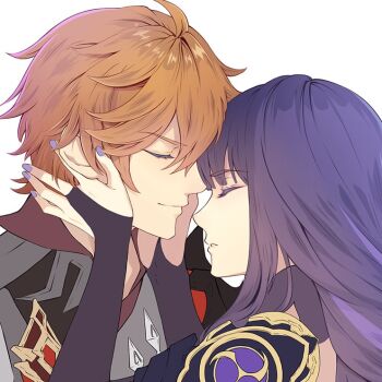 1boy 1girl armor blunt_bangs bridal_gauntlets close-up closed_mouth clothing_cutout collared_jacket commentary couple english_commentary formal_clothes bad_tag genshin_impact hair_between_eyes hands_on_another's_head heads_together hetero incoming_kiss jacket japanese_armor japanese_clothes leaning_forward leaning_on_person light_smile long_hair mitsudomoe_(shape) multicolored_hair off_shoulder orange_hair parted_lips phlower_luna purple_hair purple_nails raiden_shogun shade short_hair shoulder_armor shoulder_cutout simple_background smirk streaked_hair suit tartaglia_(genshin_impact) tomoe_(symbol) upper_body white_background