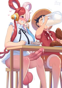 1boy 1futa allurmilk beer_mug black_hair blush bone bottomless breasts closed_eyes clueless cum cum_in_container cum_in_cup cum_on_clothes cup deception erection food futa_with_male futanari gokkun grin hair_over_one_eye hair_rings hat heart huge_penis huge_testicles large_breasts large_penis long_hair looking_at_another monkey_d._luffy mug multicolored_hair nose_blush one_piece one_piece_film:_red penis purple_eyes red_hair sagging_testicles sitting smile table testicles two-tone_hair uncensored uta_(one_piece) veins veiny_penis white_background white_hair