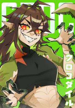 1girl absurdres bare_shoulders black_shirt breasts brown_hair claw_pose colored_sclera commentary crocodile_girl crocodilian_tail cropped_shirt crossed_bangs earrings english_commentary fayfennec green_background green_streaks highres indie_virtual_youtuber jewelry kairyu_crocodile long_hair looking_at_viewer medium_breasts midriff monster_girl multicolored_hair pointy_ears red_eyes scar sharp_teeth shirt sleeveless sleeveless_shirt slit_pupils smile solo streaked_hair tail teeth translation_request upper_body virtual_youtuber yellow_sclera