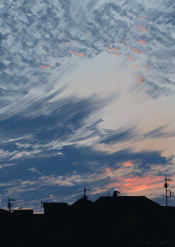 1girl absurdres blue_archive blue_halo blue_sky building cloud cloudy_sky commentary gradient_sky halo highres kani_etizen03 long_hair on_roof orange_sky outdoors power_lines radio_antenna saori_(blue_archive) scenery silhouette sky solo sunset twitter_username utility_pole