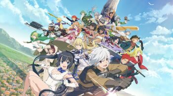 6+boys 6+girls :d abs aisha_belka aiz_wallenstein animal_ear_fluff animal_ears anime_coloring apron armor arms_up asufi_al_andromeda axe backpack bag bandeau bell_cranel belt bete_loga bikini black_hair black_thighhighs blonde_hair blue_bow blue_bowtie blue_eyes blue_hair blue_ribbon blue_scarf blue_sky blunt_bangs bow bowtie bracer breastplate breasts brown_belt brown_eyes brown_gloves brown_hair brown_jacket cape cleavage cleavage_cutout cloak closed_eyes closed_mouth clothing_cutout danmachi_battle_chronicle dark-skinned_female dark_skin day dress dual_wielding dungeon_ni_deai_wo_motomeru_no_wa_machigatteiru_darou_ka dwarf elf everyone fake_horns finn_deimne fox_ears fox_girl game_cg gareth_landrock gloves greatsword green_cloak green_eyes green_hair grey_hair grey_hairband grin hair_ribbon hairband hand_up hat helmet hermes_(danmachi) hestia_(danmachi) high_ponytail highres holding holding_axe holding_knife holding_polearm holding_staff holding_sword holding_tray holding_weapon hood hood_up horned_helmet horns jacket japanese_clothes katana kimono knife large_breasts lefiya_viridis liliruca_arde loki_(danmachi) long_hair looking_at_viewer mage_staff maid_headdress medium_breasts metal_hairband mountainous_horizon multiple_boys multiple_girls navel non-web_source official_art one_eye_closed open_mouth orange_hair parted_lips pencil_dress pointy_ears polearm ponytail purple_bandeau purple_kimono red_bikini red_eyes red_gloves red_hair red_kimono rei_no_himo reverse_grip ribbon riveria_ljos_alf ryu_lion sanjouno_haruhime scarf short_dress short_hair sidelocks sky sleeves_past_fingers sleeves_past_wrists small_breasts smile spear staff stomach swimsuit sword syr_flover tail thighhighs tiona_hyryute tione_hyryute tower tray twintails weapon welf_crozzo white_apron white_bandeau white_cape white_dress white_gloves white_hair white_ribbon wolf_boy wolf_ears wolf_tail yamato_mikoto yellow_eyes