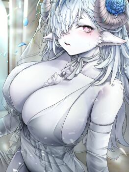 1girl absurdres animal_ears animal_nose blue_petals blush breasts bridal_veil cleavage collarbone commentary covered_navel detached_sleeves dress english_commentary flower furry furry_female garter_straps hair_flower hair_ornament hair_over_one_eye highres horns large_breasts light_particles light_rays long_hair looking_at_viewer mole mole_under_eye neck_ribbon nontraditional_wedding_dress open_mouth petals pink_eyes plunging_neckline ribbon sani_(sani_yang's_laboratory) sani_yang's_laboratory see-through_clothes see-through_veil sheep_ears sheep_girl sheep_horns solo sweatdrop teeth upper_teeth_only veil wedding_dress white_fur white_hair wldud9_9