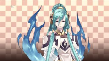 agarest_senki_(series) agarest_senki_2 bare_shoulders blank_stare choker dress green_hair looking_at_viewer non-web_source ponytail purple_eyes staring white_dress