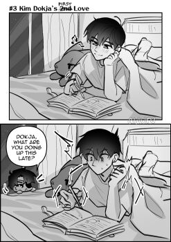 2boys absurdres areuwuu book drawing_(object) eyepatch greyscale highres kim_dokja lying male_focus mini_person miniboy monochrome multiple_boys musical_note oldest_dream omniscient_reader&#039;s_viewpoint on_stomach open_book shirt short_hair stuffed_animal stuffed_toy t-shirt under_covers yoo_joonghyuk yoo_joonghyuk_(999th_turn)