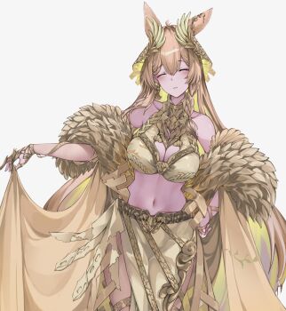 1girl absurdres animal_ears arknights bare_shoulders blonde_hair braid breasts cape cape_lift claw_ring cleavage closed_eyes collarbone colored_inner_hair dress earrings facing_viewer fur_shawl gloves grey_background hair_between_eyes hashtag-only_commentary head_tilt highres honeycomb_(pattern) jewelry kroos_(arknights) kuroroui large_breasts lifting_own_clothes long_hair midriff multicolored_hair navel pantyhose parted_lips rabbit_ears rabbit_girl shawl side_slit simple_background single_earring smile solo thigh_strap two-tone_hair veil very_long_hair yellow_cape yellow_dress