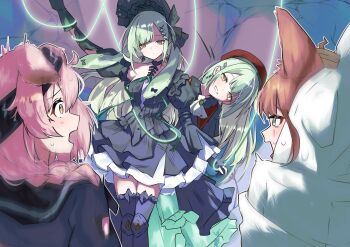 Rule 34 | 4girls, animal ears, arknights, ascot, bang dream!, bang dream! it's mygo!!!!!, beret, black bonnet, black capelet, black dress, black thighhighs, blush, bonnet, braid, breasts, brown hair, capelet, cat ears, cat girl, commentary, dress, dual persona, goldenglow (arknights), hair ornament, hairclip, hat, highres, houji tea latte, juliet sleeves, long hair, long sleeves, medium breasts, mortis (bang dream!), mortis (costume) (bang dream!), mortis (persona) (bang dream!), multiple girls, pink hair, puffy sleeves, rabbit ears, rabbit girl, red hat, thighhighs, wakaba mutsumi, wakaba mutsumi (marionette's id), white ascot, yellow eyes, zettai ryouiki