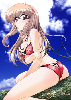 1girl :o arm_grab ass back bikini blush body_blush breasts brown_hair butt_crack cleavage cloud covered_erect_nipples dead_or_alive embarrassed female_focus floral_print hairband highres hitomi_(doa) in_tree large_breasts long_hair looking_at_viewer looking_back open_mouth outdoors pink_eyes print_bikini profile shiny_skin sidelocks sitting sitting_in_tree sky solo straddling string_bikini swimsuit tatibana tecmo thighs tree underboob wardrobe_malfunction