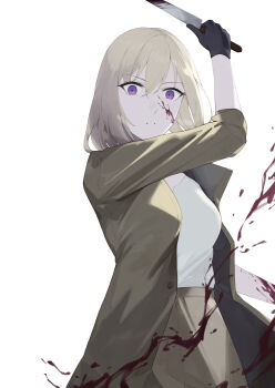 1girl absurdres bang_dream! bang_dream!_it&#039;s_mygo!!!!! black_gloves blonde_hair blood blood_on_arm blood_on_face bloody_knife breasts brown_coat coat commentary gloves hair_between_eyes haizou_bingsan highres knife looking_at_viewer medium_breasts misumi_uika purple_eyes shirt simple_background solo white_background white_shirt