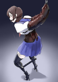 1girl armbinder arms_behind_back bdsm blush bondage bound brown_eyes brown_hair collar corset female_focus gag harness head_harness high_heels saliva school_uniform serafuku short_hair slave solo spreader_bar strappado thighhighs ufo_koikoi