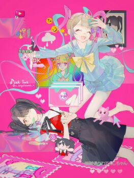 2girls 5e35rika ame-chan_(needy_girl_overdose) black_eyes black_hair black_skirt blonde_hair blue_hair blue_serafuku blue_shirt blue_skirt bow bowtie chibi chibi_inset chouzetsusaikawa_tenshi-chan commentary_request cross feet_out_of_frame hair_over_one_eye hand_up hands_on_own_chest highres holding holding_cross holding_knife icon_(computing) iei iridescent kneeling knife leaning_forward logo_parody long_hair long_sleeves lying medium_hair multicolored_hair multiple_girls multiple_views needy_girl_overdose on_back open_mouth own_hands_together pien_cat_(needy_girl_overdose) pink_background pink_hair quad_tails red_shirt school_uniform serafuku shirt simple_background skirt smile tiktok translation_request twintails vomiting_rainbows wide-eyed window_(computing) yellow_bow yellow_bowtie