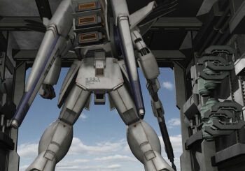 3d beam_rifle blue_sky cloud commentary_request earth_federation energy_gun f91_gundam fake_screenshot gundam gundam_f91 hangar machinery mecha mecha_focus mobile_suit realistic robot science_fiction sky spacecraft_interior thrusters tomholy vernier_thrusters weapon