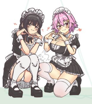 2girls :3 alternate_costume apron black_dress black_hair blush braid breasts brown_eyes cleavage commentary_request detached_collar dress enmaided flat_chest frills good_thighs_day hashtag-only_commentary heart heart_hands highres kantai_collection kitakami_(kancolle) large_breasts long_hair looking_at_viewer maid maid_apron maid_headdress motizou multiple_girls panties pantyshot pink_hair pleated_dress red_eyes short_hair short_sleeves signature simple_background single_braid smile squatting tama_(kancolle) thighhighs underwear white_apron white_background white_panties white_thighhighs