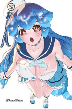 +_+ 1girl ahoge anchor_symbol artist_name bao_the_whale bare_shoulders blue_bow blue_hair blue_sailor_collar blue_shoes blue_skirt bow breasts cetacean_tail cleavage commentary dot_nose english_commentary fins fish fish_tail full_body hair_bow hair_ornament hairclip hat heart highres indie_virtual_youtuber large_breasts long_hair looking_at_viewer off-shoulder_shirt off_shoulder open_mouth red_eyes sailor_collar sailor_hat shirt shoes simple_background skirt socks solo standing tail teeth untranslatable_commentary upper_teeth_only vacantstone virtual_youtuber whale_girl white_background white_bow white_hat white_shirt white_socks