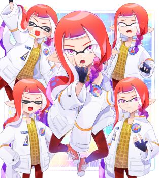 >_< 1girl commentary_request fingerless_gloves gloves gradient_hair hands_on_own_hips highres inkling inkling_girl inkling_player_character jacket leggings long_hair multicolored_hair multiple_views nintendo orange_hair orange_shoes pink_eyes pointy_ears psya_ma purple_hair red_leggings shoes simple_background solo splatoon_(series) standing sweatdrop tentacle_hair very_long_hair white_background white_jacket