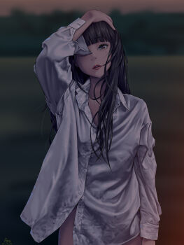 1girl a.x. black_hair blurry blurry_background brown_eyes depth_of_field female_focus highres long_hair mole mole_under_eye naked_shirt shiny_skin shirt