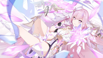 1girl absurdres bell black_shorts boots breasts closed_mouth commentary_request crystal_flower crystal_shards elbow_gloves elf elysia_(herrscher_of_human:_ego)_(honkai_impact) elysia_(honkai_impact) gloves hair_between_eyes hand_in_own_hair highres honkai_(series) honkai_impact_3rd kolimiya legs looking_at_viewer offering_hand pink_eyes pink_hair pink_pupils pointy_ears revision shirt short_shorts shorts signature solo thigh_boots thigh_strap thighs triquetra veil white_background white_gloves white_shirt white_veil