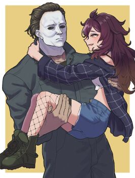 1boy 1girl blush boots carrying character_request commission crossover denim denim_shorts eyeliner halloween_(movie) highres jumpsuit kamomasaki long_hair makeup mask michael_myers princess_carry shorts single_fishnet_legwear skeb_commission smile