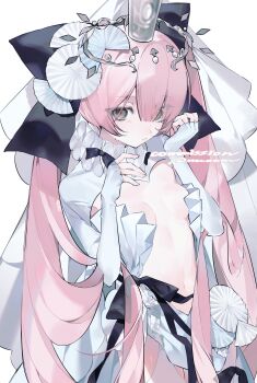 1girl absurdres armpits black_eyes black_ribbon bow breasts fingerless_gloves frills garter_straps gloves hair_between_eyes hair_bow hair_ornament highres long_hair navel neck_ruff nuoom original pink_hair ribbon shrug_(clothing) simple_background small_breasts solo very_long_hair watermark