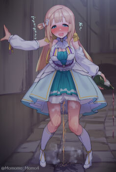 1girl alcohol alley arm_at_side arm_up artist_name avatar_2.0_project blonde_hair blue_eyes blunt_bangs blush bottle breasts cleavage cleavage_cutout clothing_cutout detached_sleeves dress drooling drunk epaulettes female_focus full_body hair_ornament hairclip half-closed_eyes happy high_heels highres holding holding_bottle japanese_text kneehighs long_hair long_sleeves looking_at_viewer medium_breasts mita_sonia mouth_drool multicolored_dress nose_blush one_side_up open_mouth outdoors pee peeing peeing_self pigeon-toed public_indecency purposeful_wetting shoes short_dress sidelocks sleeveless sleeveless_dress smile socks solo spilling standing steam talking thighs translation_request twitter_username virtual_youtuber watermark wet wet_clothes white_shoes white_sleeves white_socks wine wine_bottle yoshiwa_tomo