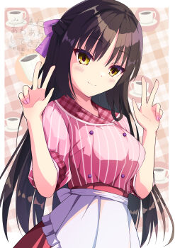 1girl absurdres apron black_hair blush border breasts buttons cafe_stella_to_shinigami_no_chou closed_mouth commentary cowboy_shot double-breasted double_v eyelashes fingernails frilled_apron frills hair_between_eyes hair_ribbon half_updo hands_up happy highres long_hair looking_at_viewer medium_breasts miz_awa mole mole_under_eye official_alternate_costume outside_border pink_shirt pink_skirt plaid_background plaid_clothes plaid_collar puffy_short_sleeves puffy_sleeves purple_ribbon ribbon shiki_natsume shirt short_sleeves simple_background skirt smile solo split_mouth straight_hair striped_clothes striped_shirt tsurime v vertical-striped_clothes vertical-striped_shirt very_long_hair waist_apron watermark white_apron white_border yellow_eyes